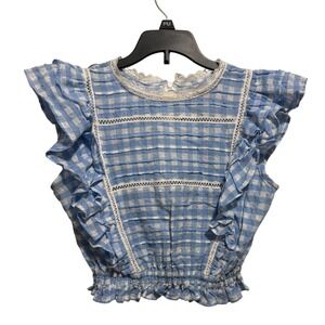 Fillyboo Sunday Gingham Crop Top Womens Small Blue White Lace Ruffle Cottagecore
